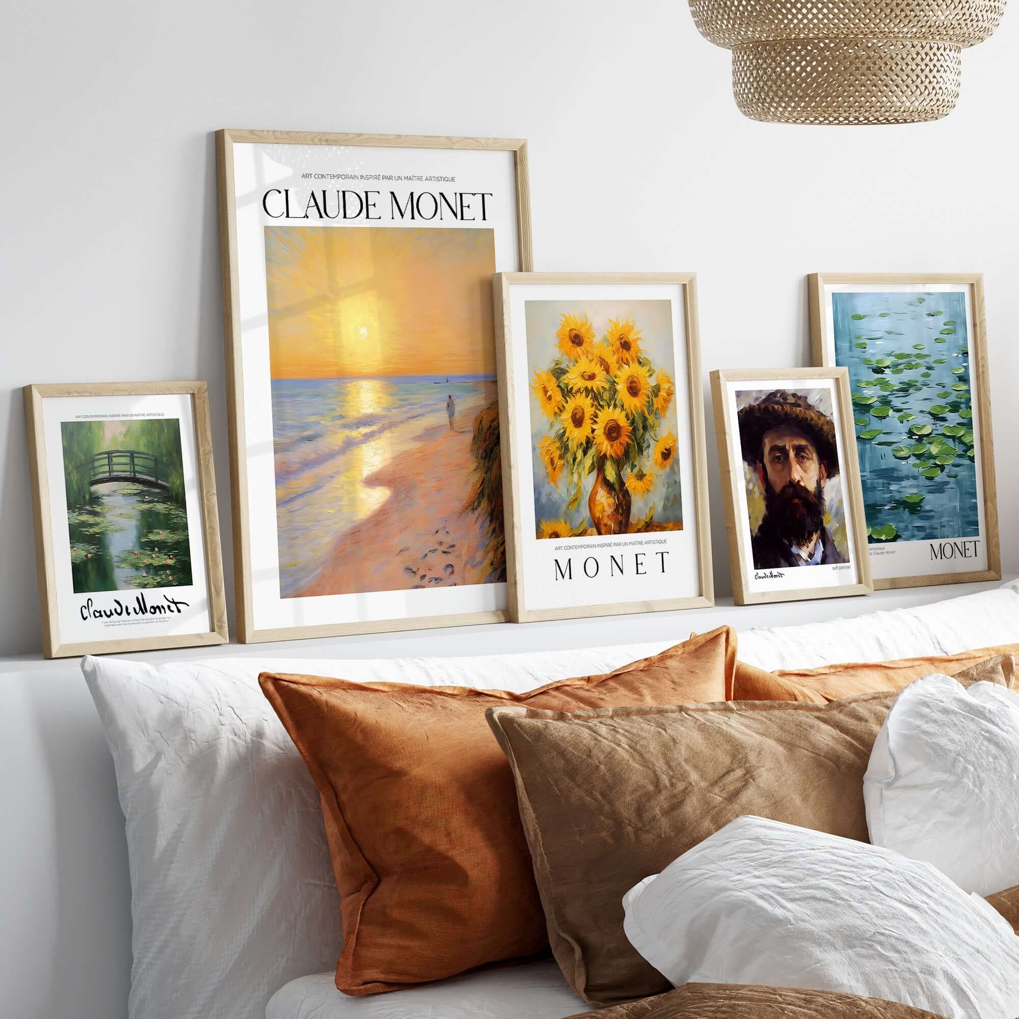 Monet Beach Artwork - Impressionist Room Decor - Coastal Sunset Stroll Beach Wall Art displayed on a chic wall.