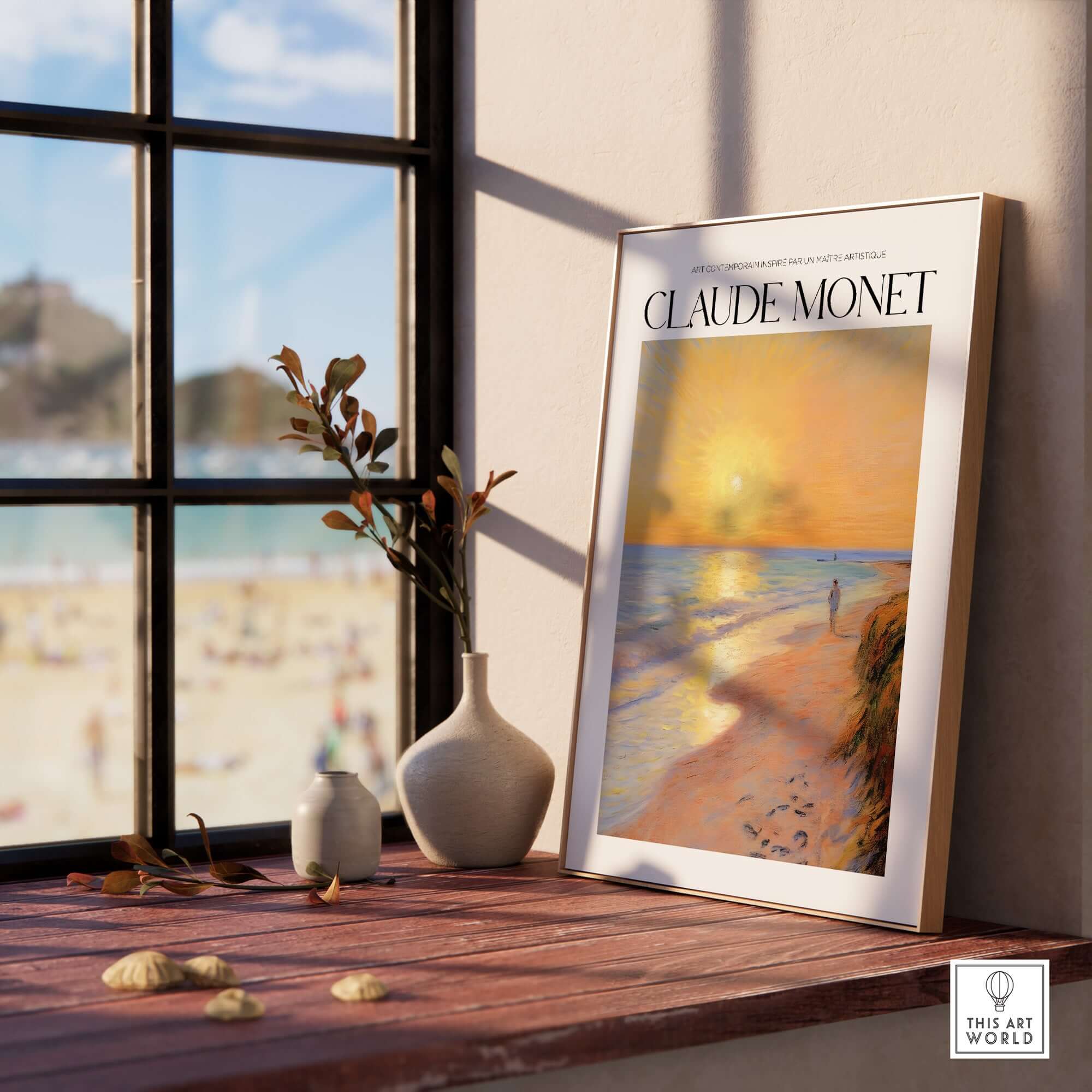 Monet Beach Artwork - Impressionist Room Decor - Coastal Sunset Stroll Beach Wall Art displayed in a sunlit interior.