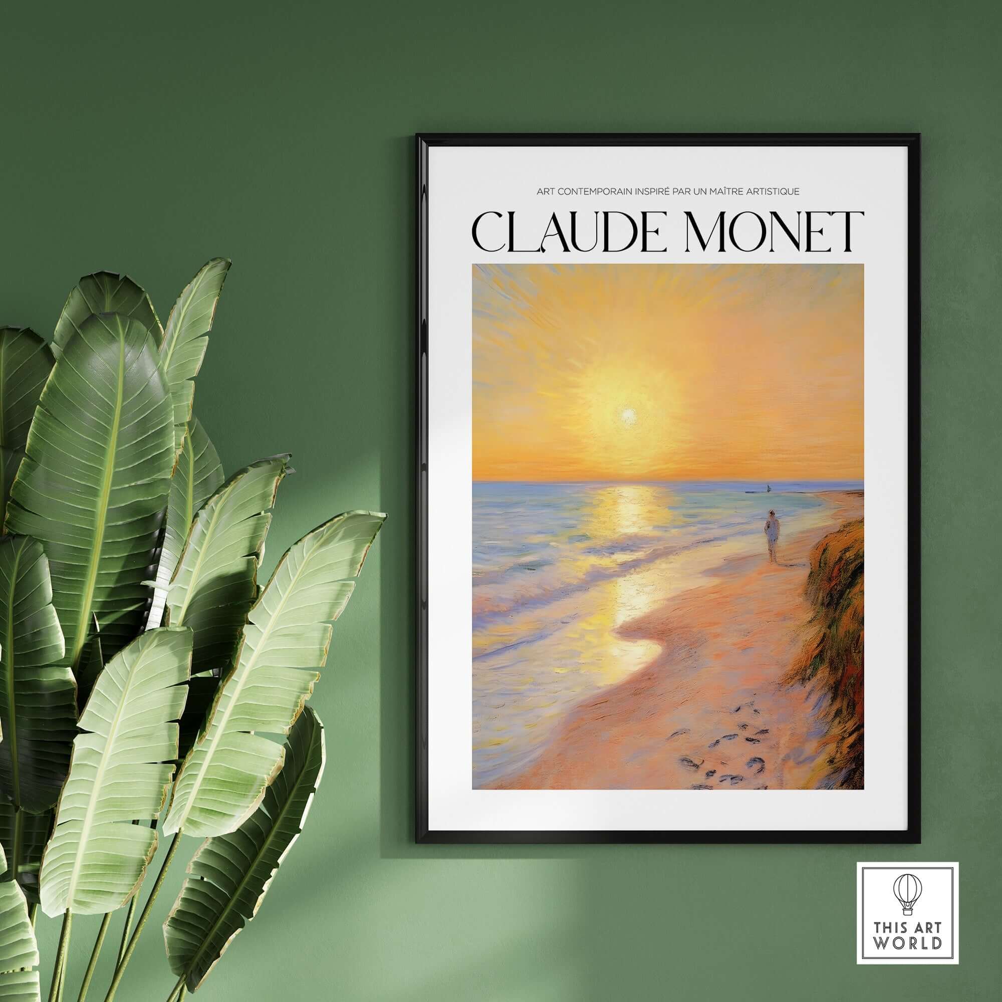 Monet Beach Artwork - Impressionist Room Decor - Coastal Sunset Stroll Beach Wall Art on green wall.