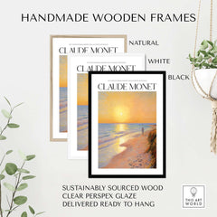 Handmade wooden frames for Claude Monet prints in natural, white, and black options, ready to hang and made from sustainably sourced wood.