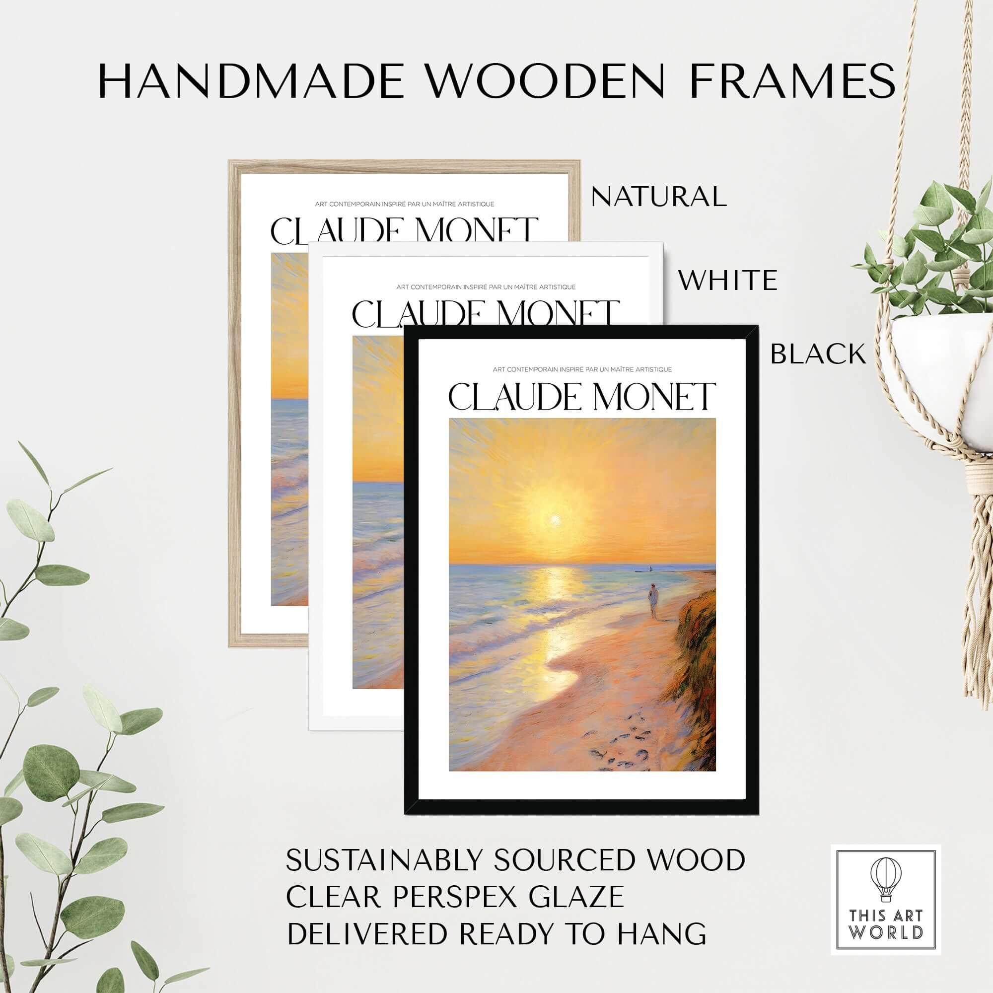 Handmade wooden frames for Claude Monet prints in natural, white, and black options, ready to hang and made from sustainably sourced wood.
