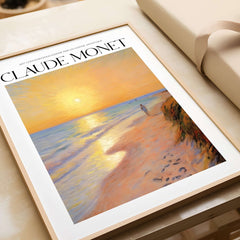 Monet Beach Artwork - Impressionist Room Decor - Coastal Sunset Stroll Beach Wall Art displayed in a frame.