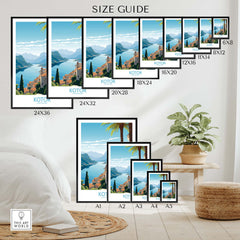 Montenegro Kotor wall art size guide showcasing various print sizes for modern home decor.