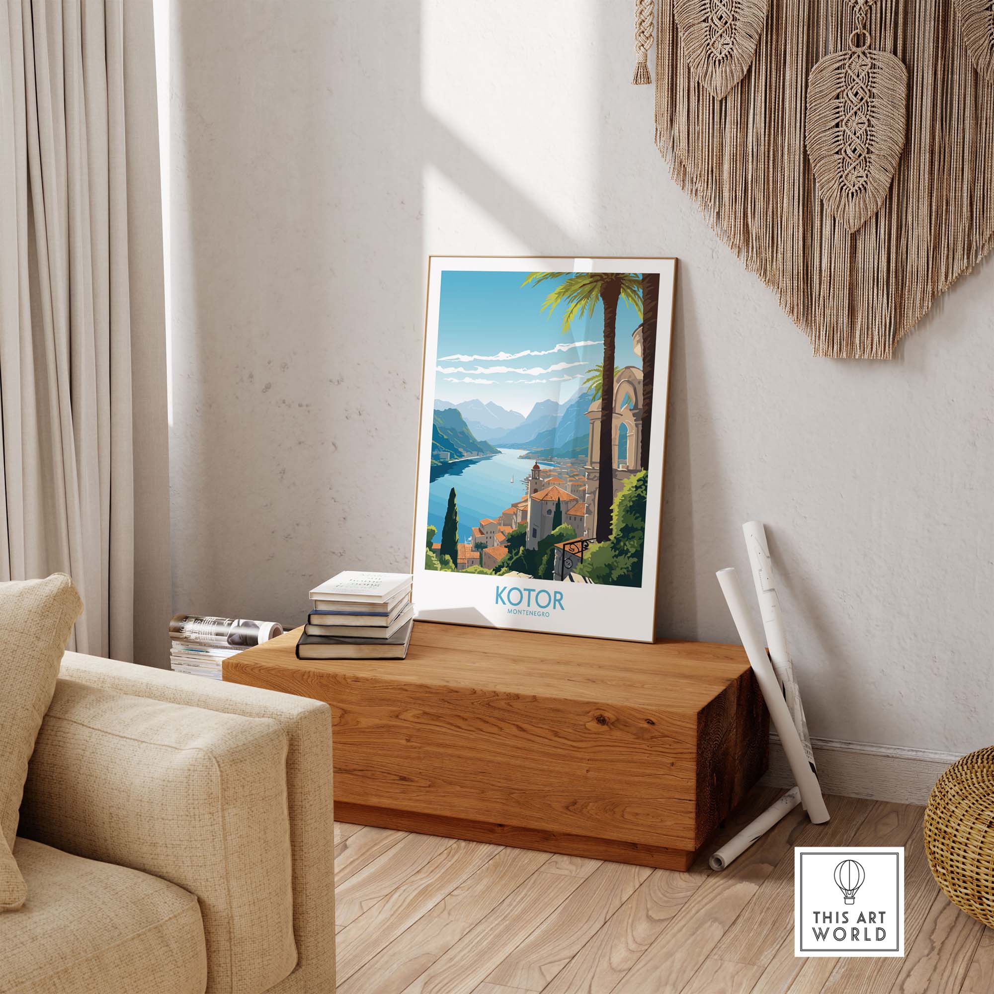 Kotor Montenegro wall art poster displayed in a modern living space, adding a stylish travel-inspired touch.