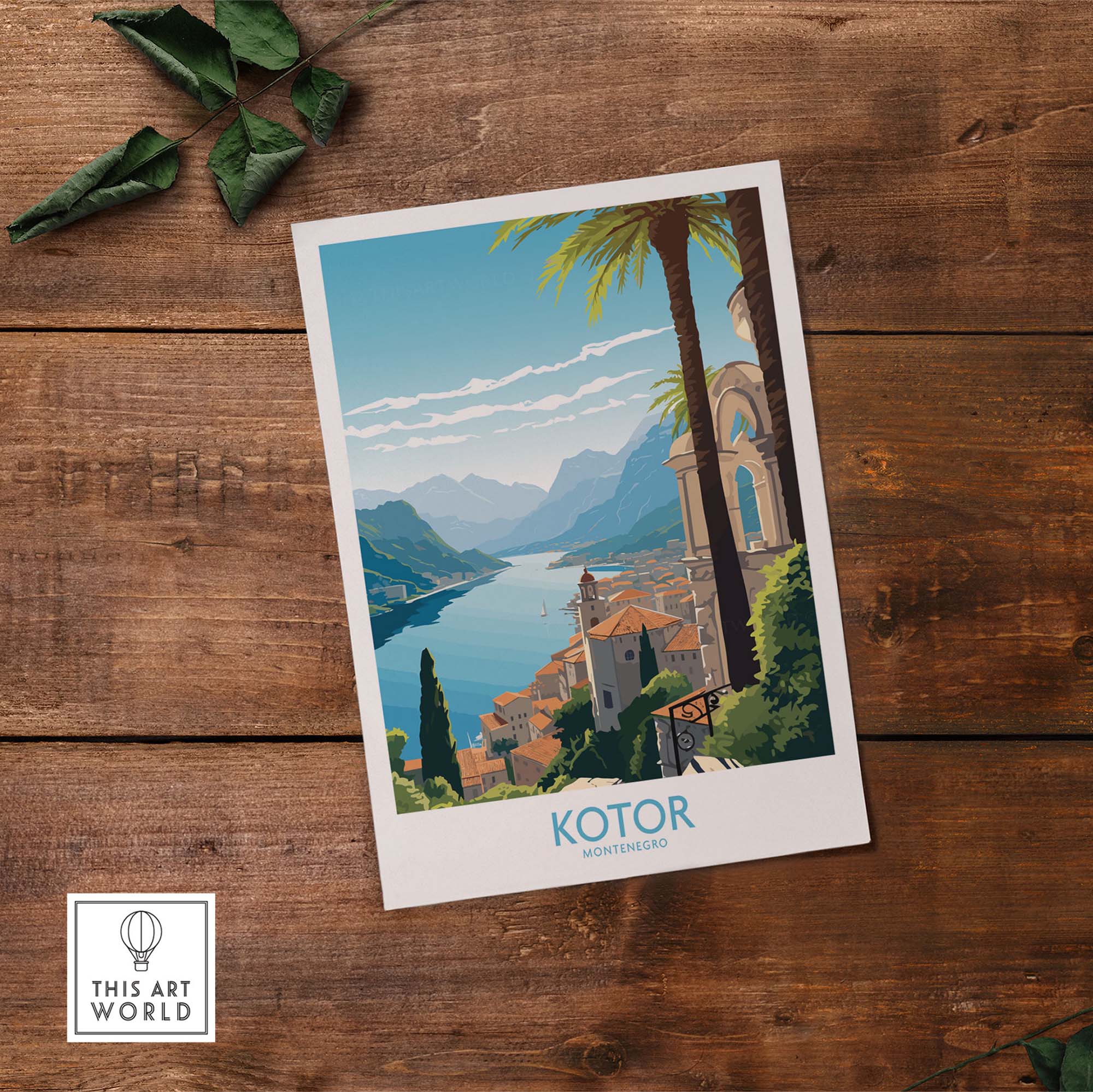 Montenegro wall art featuring Kotor with coastal views, mountains, and modern design style.