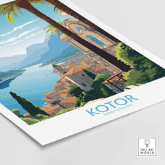 Stylish Kotor Montenegro wall art poster featuring a scenic view of mountains and water, perfect for modern decor.