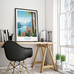 Montenegro wall art featuring Kotor landscape, stylish poster in a modern office setting.