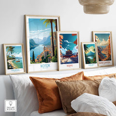 Montenegro wall art featuring Kotor print and travel scenes, perfect for modern home decor.