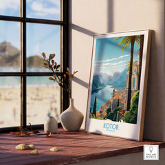 Kotor Montenegro wall art poster displayed in a bright room, capturing modern travel aesthetics and coastal scenery.