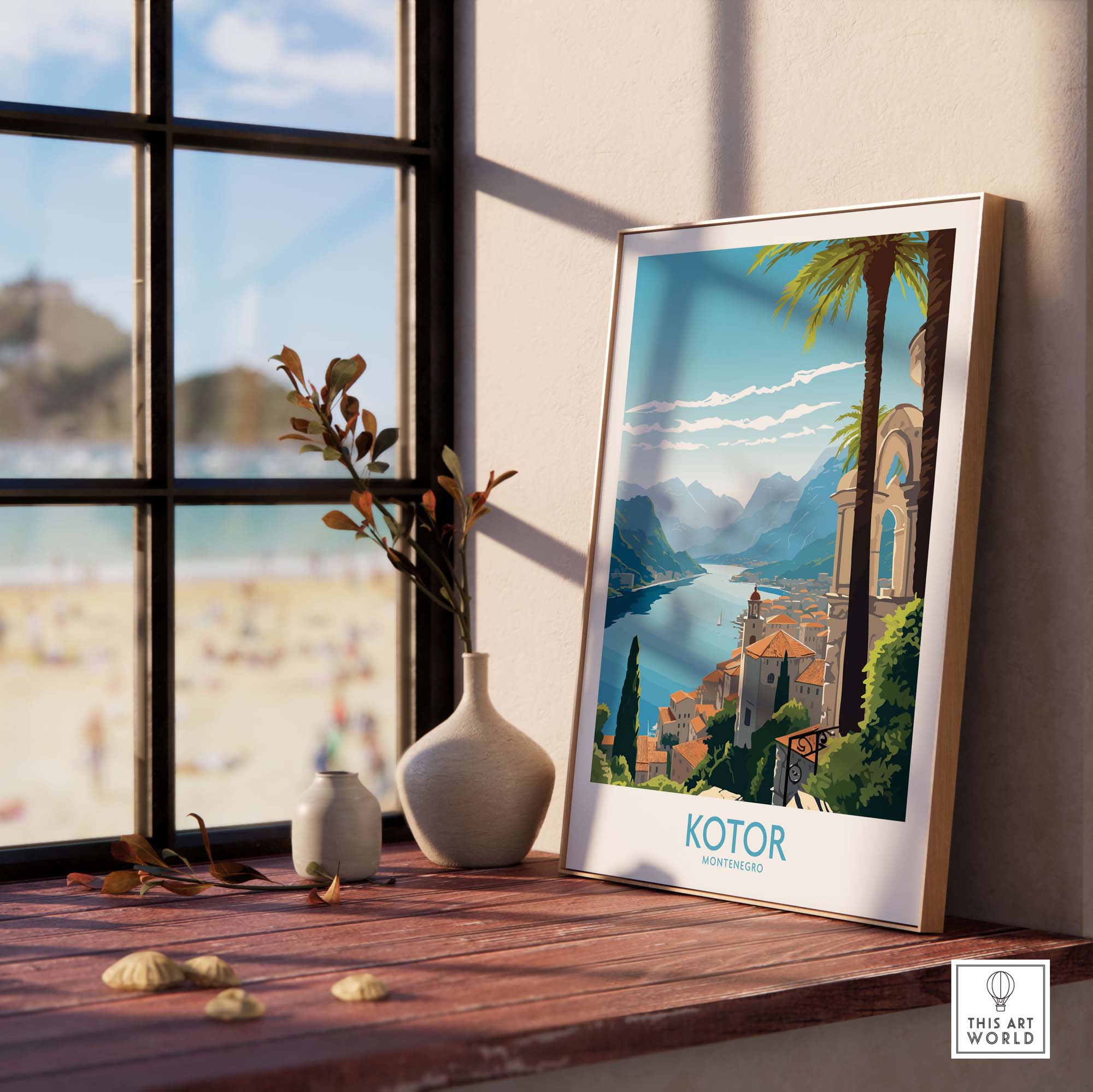 Kotor Montenegro wall art poster displayed in a bright room, capturing modern travel aesthetics and coastal scenery.