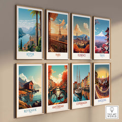 Gallery of modern travel wall art prints featuring Kotor, Paris, Florence, Tokyo, Amsterdam, Copenhagen, Reykjavik, and Barcelona.