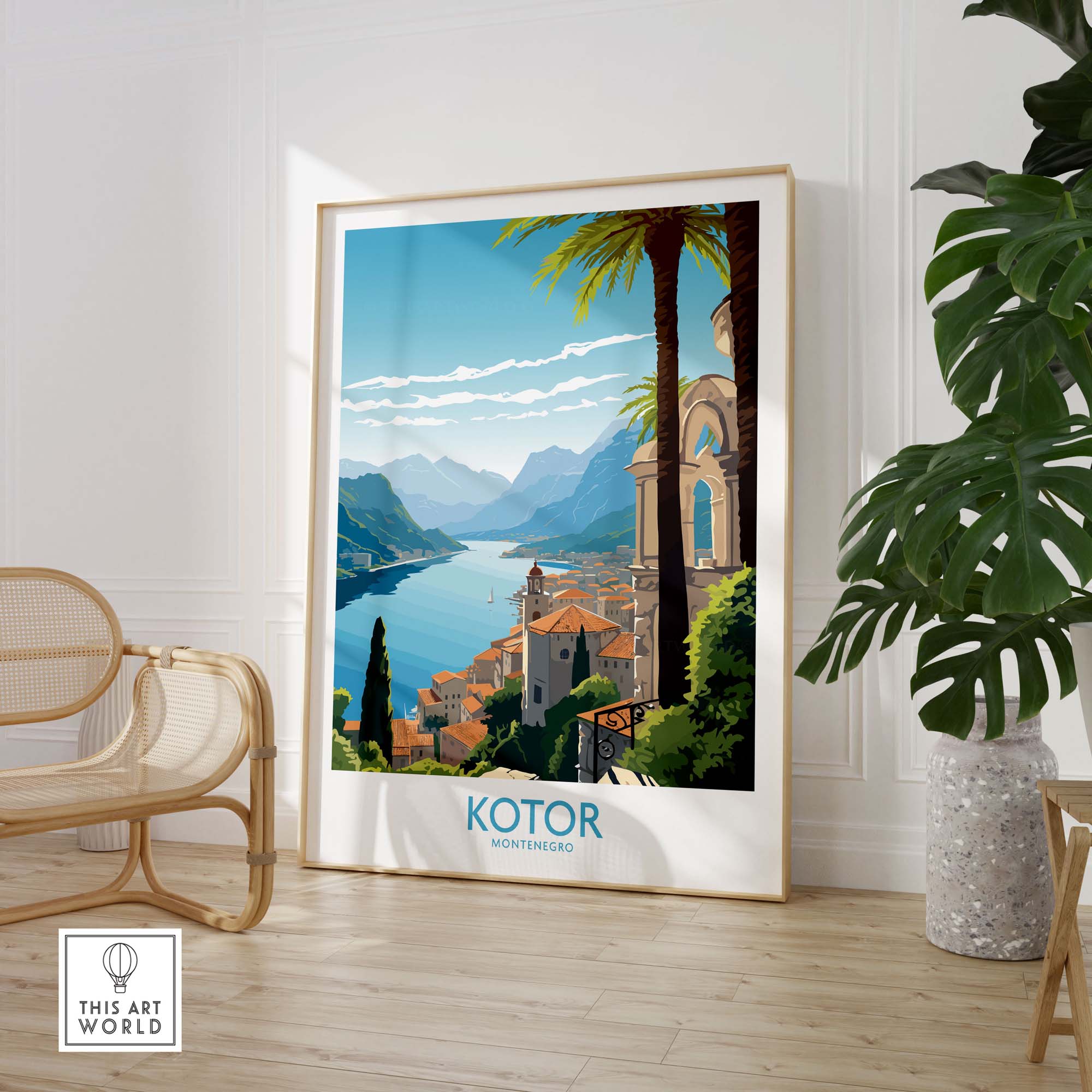 Montenegro wall art featuring Kotor, a scenic print showcasing mountains and coastal architecture in a modern style.
