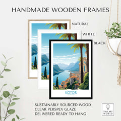 Handmade wooden frames in natural, white, and black, showcasing Kotor Montenegro wall art, ready to hang.