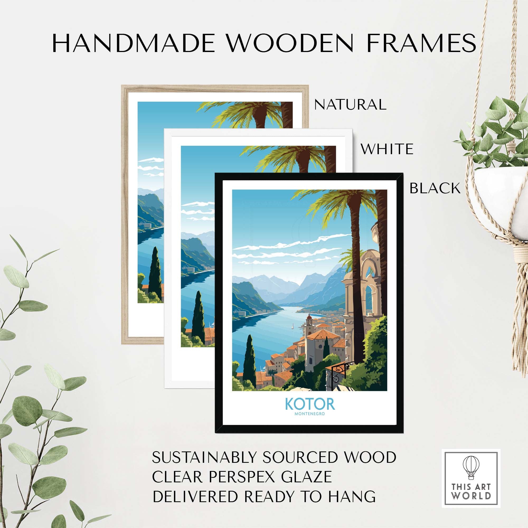 Handmade wooden frames in natural, white, and black, showcasing Kotor Montenegro wall art, ready to hang.
