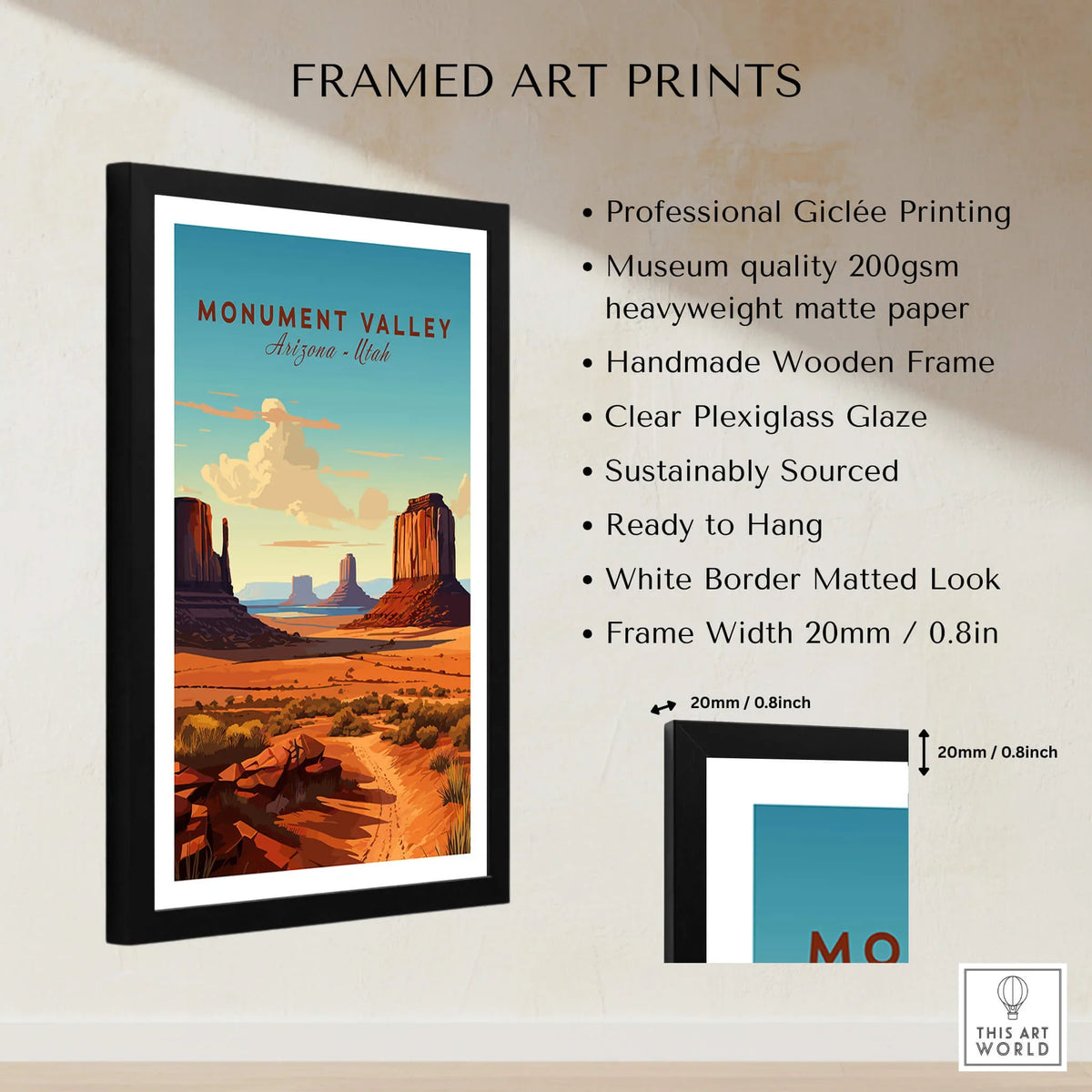 Framed Monument Valley art print with desert landscape, highlighted frame and print details.