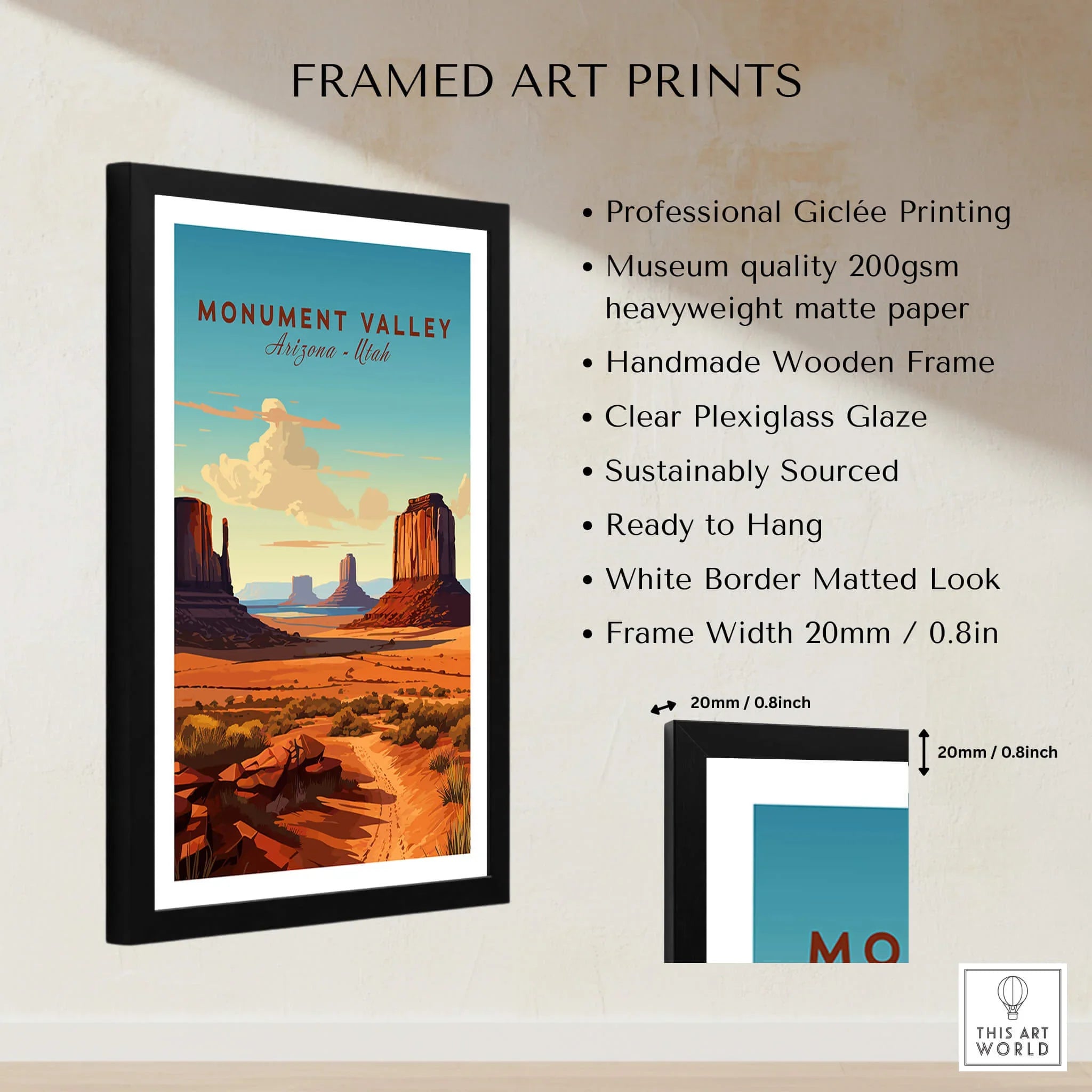 Framed Monument Valley art print with desert landscape, highlighted frame and print details.