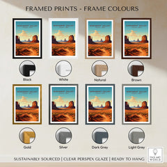 Monument Valley art print in multiple frame color options, travel poster wall decor.