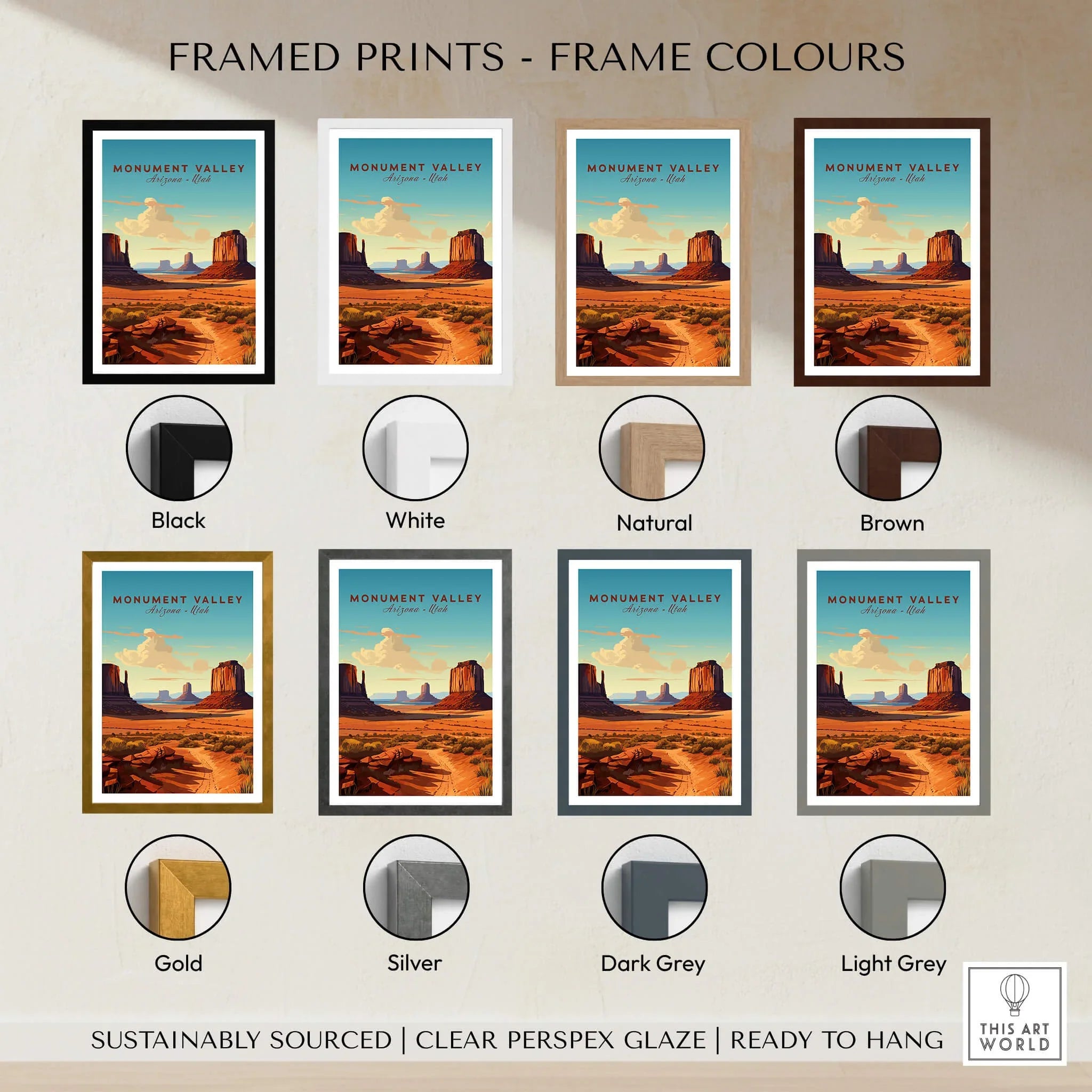 Monument Valley art print in multiple frame color options, travel poster wall decor.