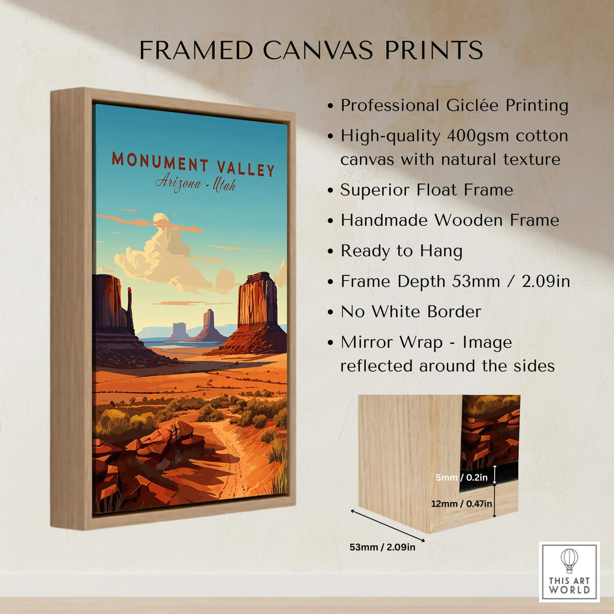 Framed canvas print of Monument Valley landscape with desert mesas, float wooden frame details shown.