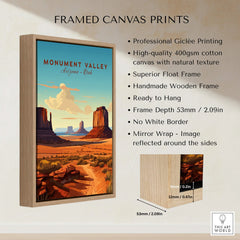 Framed canvas print of Monument Valley landscape with desert mesas, float wooden frame details shown.