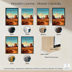 Monument Valley travel poster framed canvas with six frame color options: black, white, natural, brown, gold, and silver.