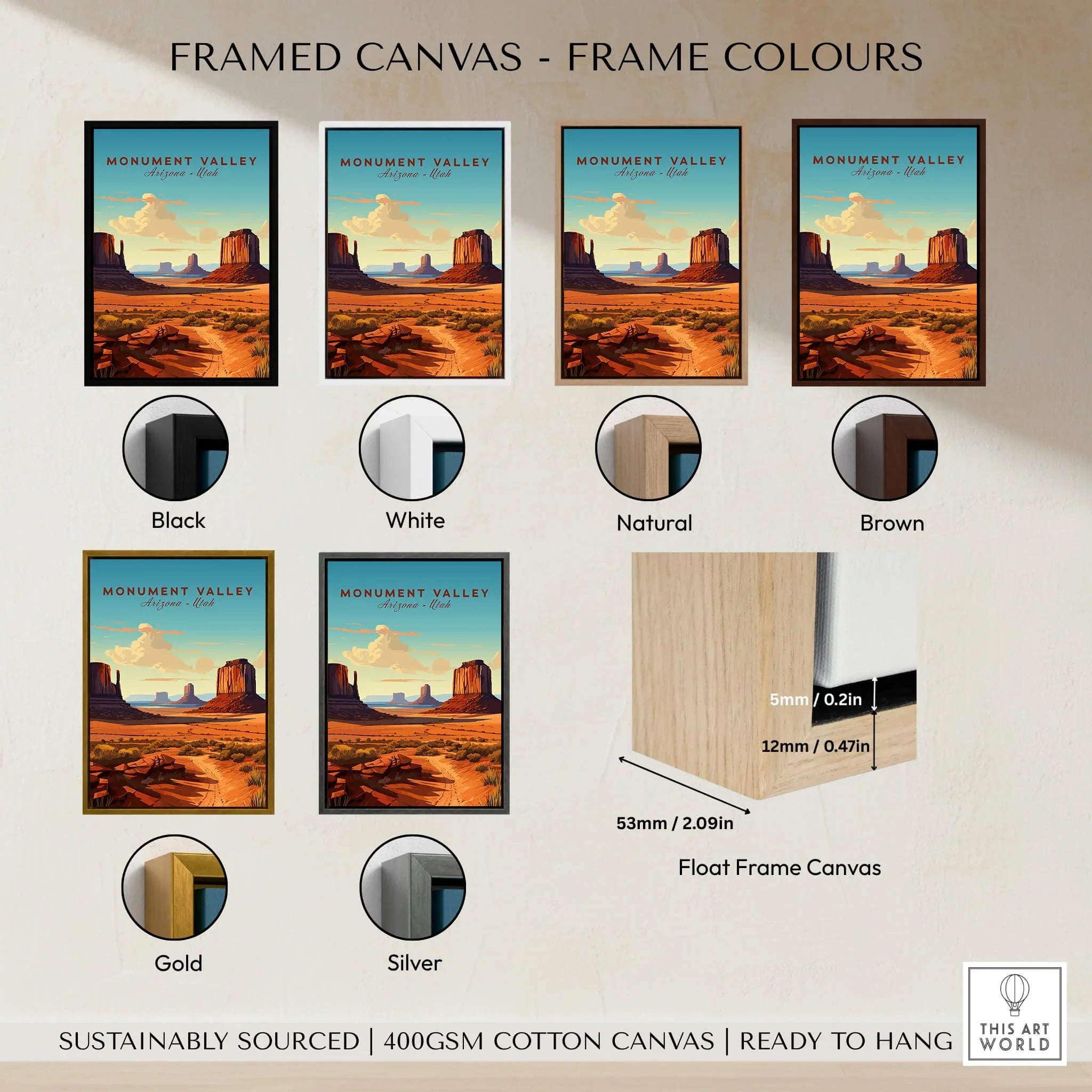Monument Valley travel poster framed canvas with six frame color options: black, white, natural, brown, gold, and silver.