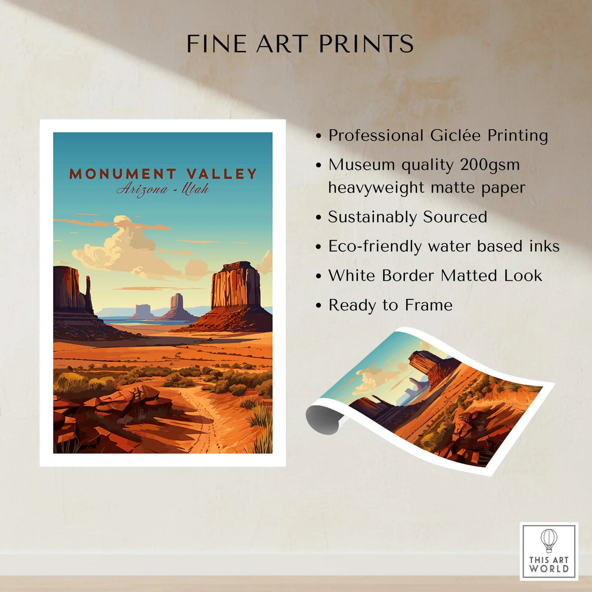 Monument Valley fine art print with desert landscape and sandstone buttes, unframed wall decor