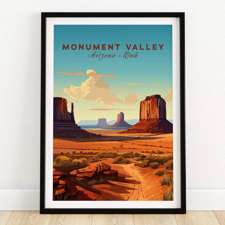 Framed Monument Valley art print with desert landscape and buttes, leaning on wooden floor