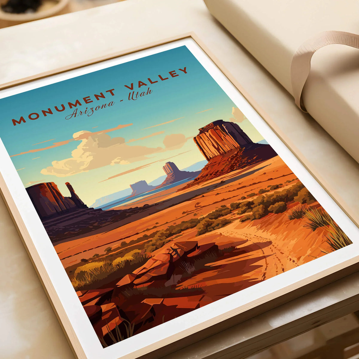 Monument Valley art print in natural wood frame, landscape with desert buttes and clear sky