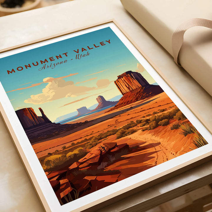 Monument Valley art print in natural wood frame, landscape with desert buttes and clear sky