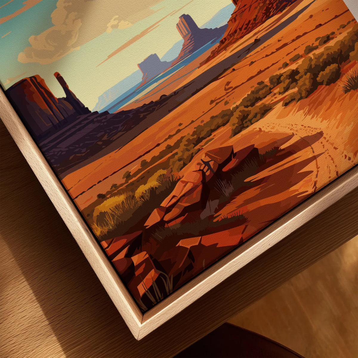 Framed Monument Valley wall art print with vivid desert landscape and rock formations