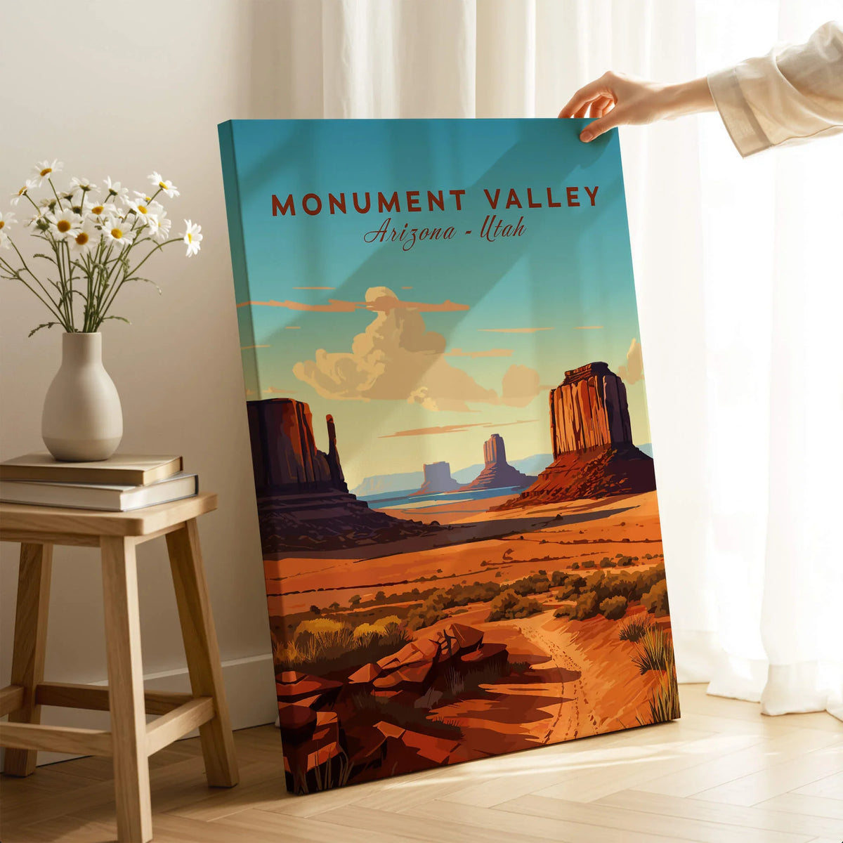 Monument Valley Arizona Utah travel poster art print held in a modern home setting