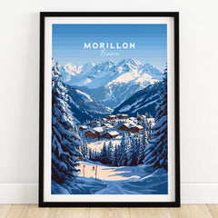 Morillon Ski Print featuring a snow-covered mountain landscape and ski village in Morillon, France.