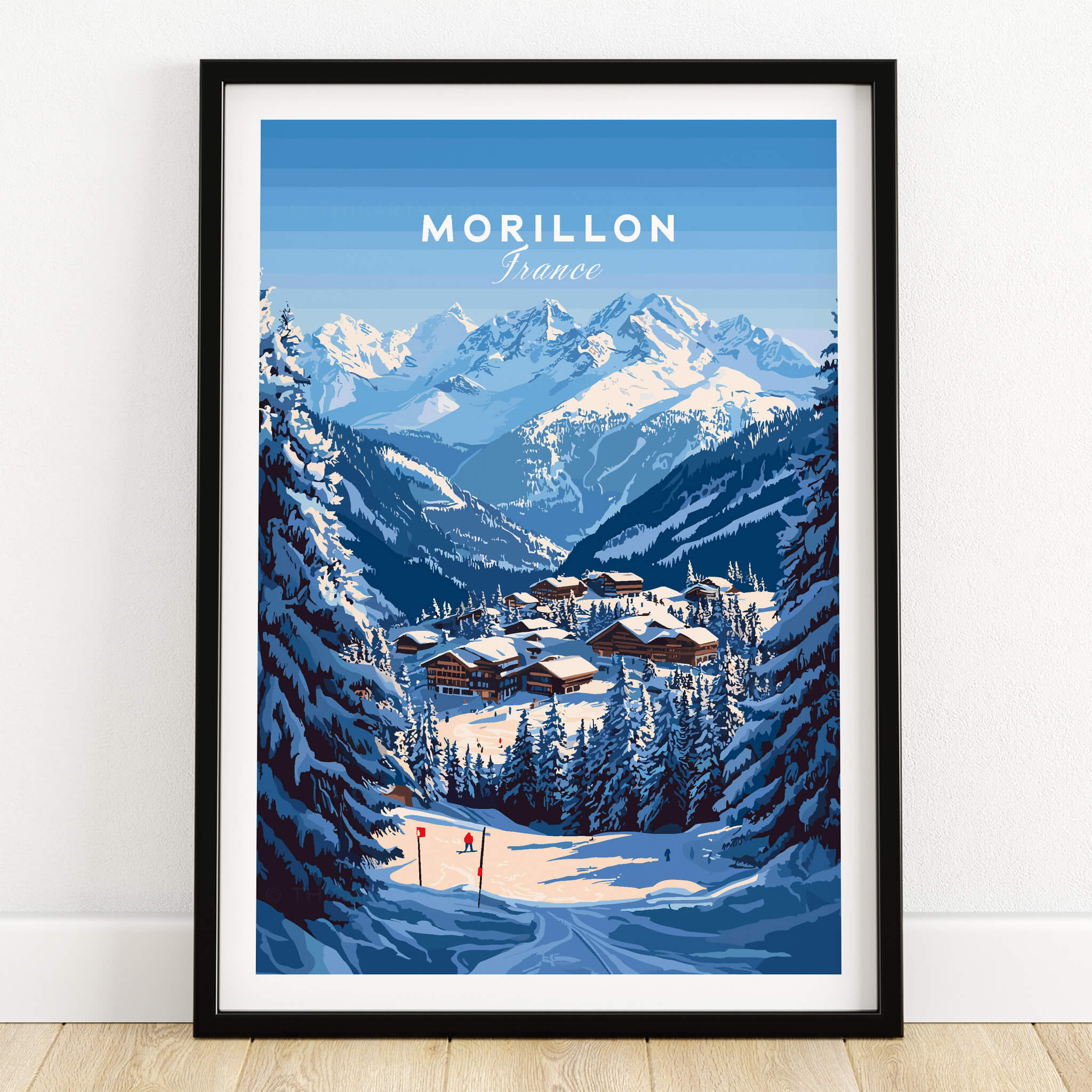 Morillon Ski Print featuring a snow-covered mountain landscape and ski village in Morillon, France.