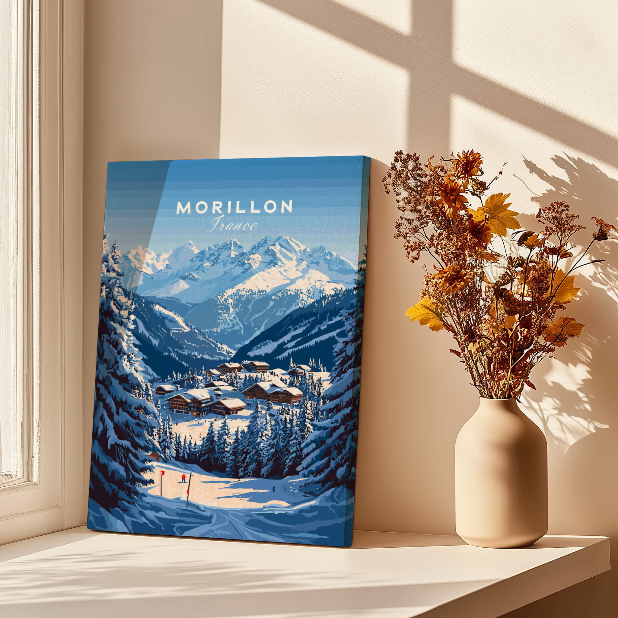 Morillon Ski Print showcasing a scenic snowy mountain landscape, perfect for ski enthusiasts.