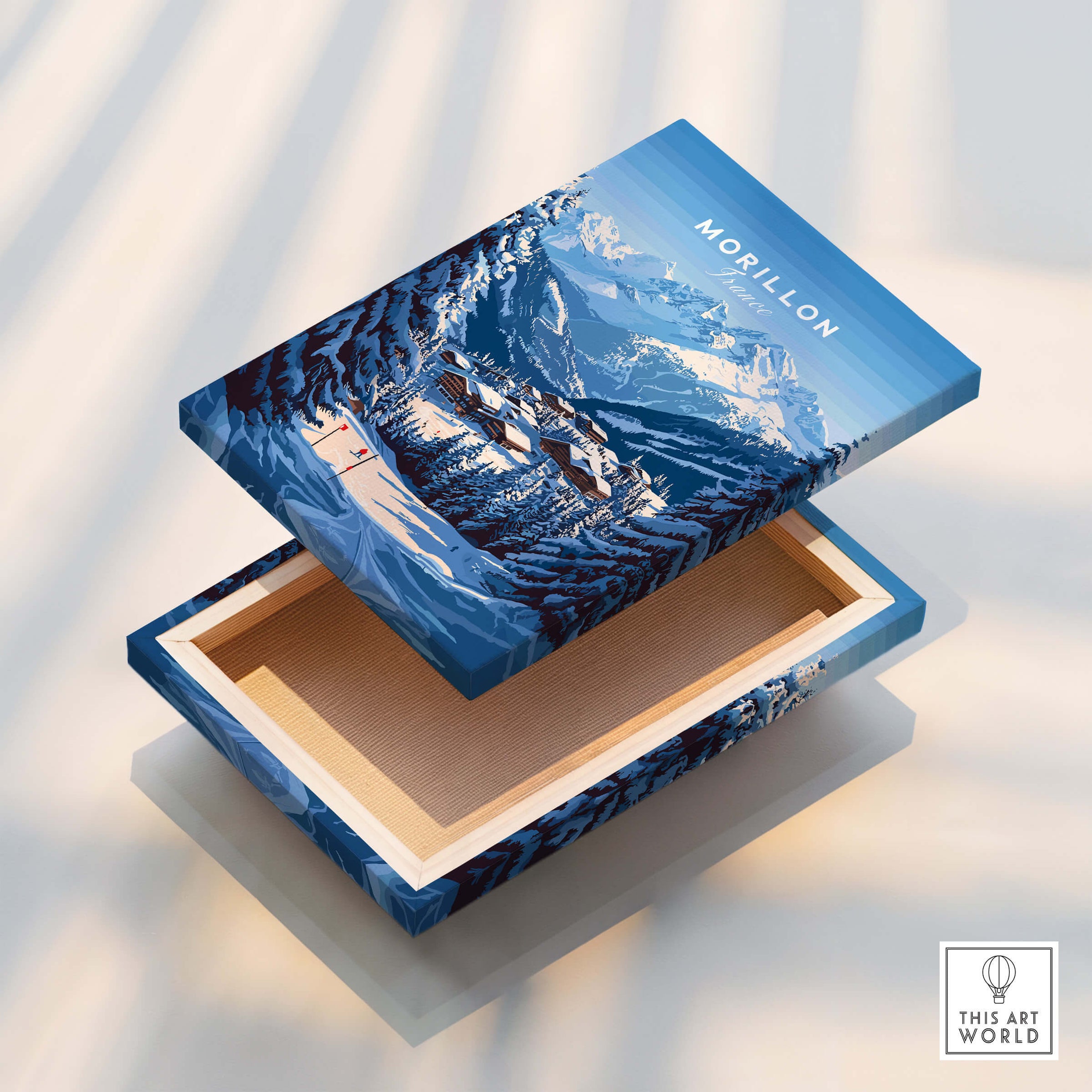 Morillon Ski Print featuring a beautiful box design with mountain and ski imagery.