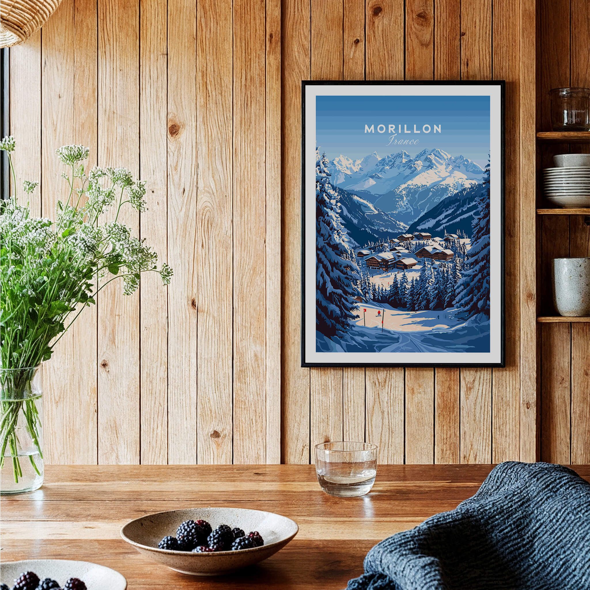 Morillon Ski Print framed on a wooden wall, showcasing a snowy mountain landscape and ski scenery.