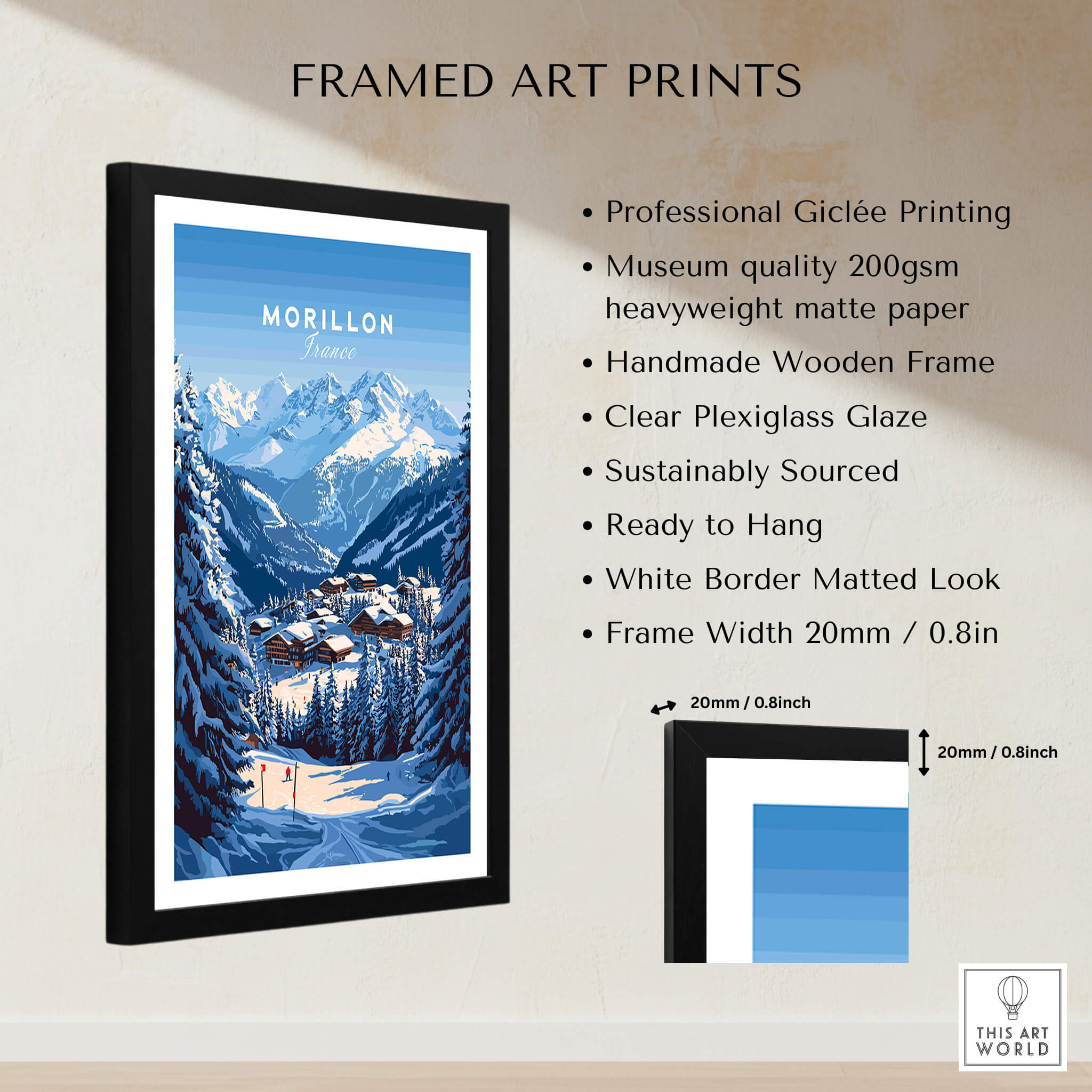 Framed Morillon Ski Print featuring mountains and ski village, professional Giclée printing, ready to hang.