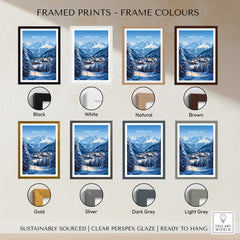 Various frame colors for Morillon Ski Print including black, white, natural, brown, gold, silver, dark grey, and light grey.