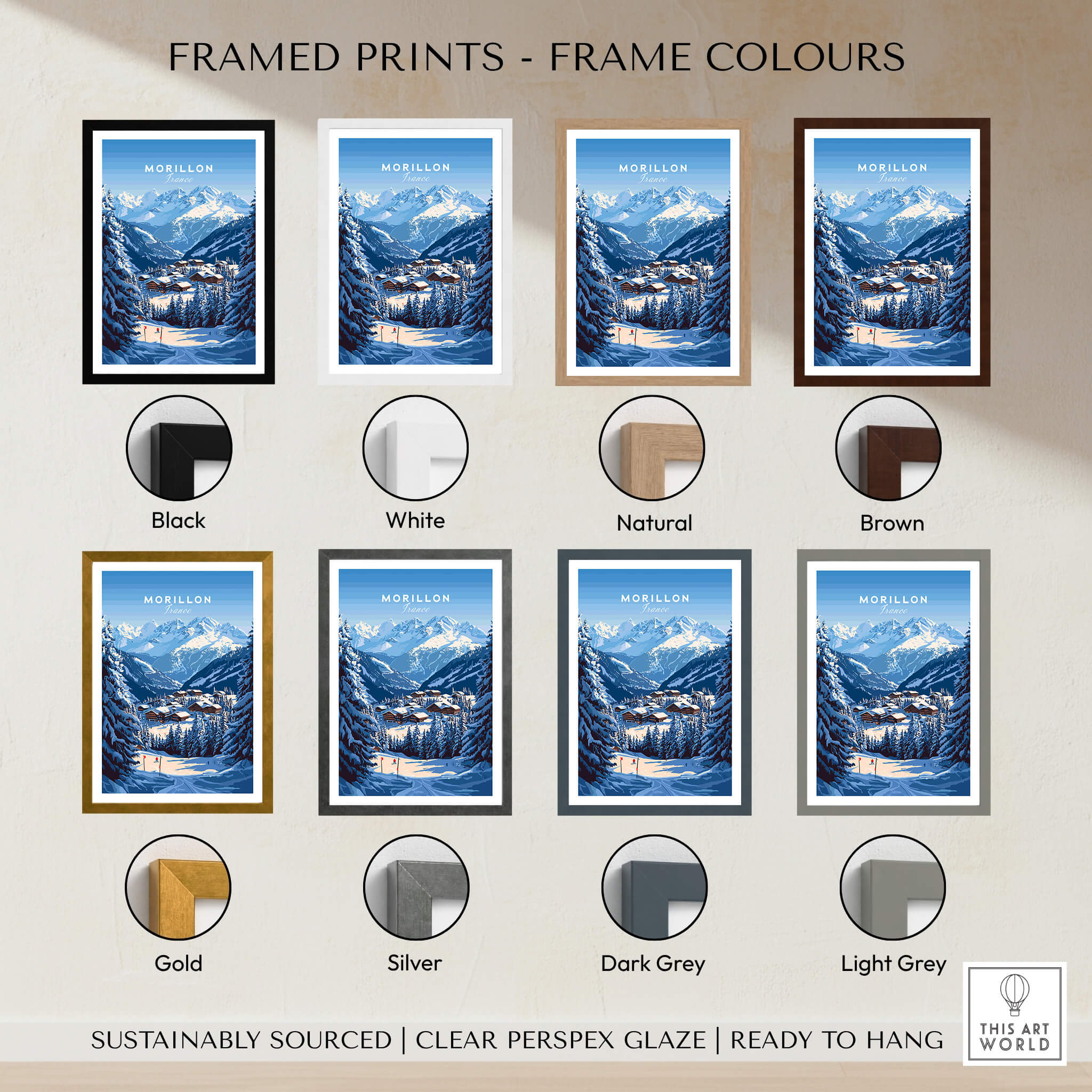 Various frame colors for Morillon Ski Print including black, white, natural, brown, gold, silver, dark grey, and light grey.