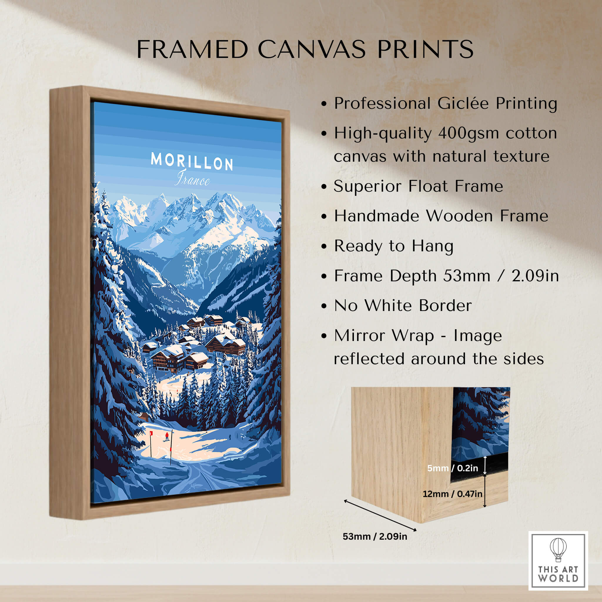 Morillon Ski Print framed canvas print showcasing thrilling ski slopes and mountain scenery, perfect for winter sports lovers.