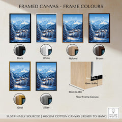 Framed Morillon Ski Print options in black, white, natural, brown, gold, and silver frames