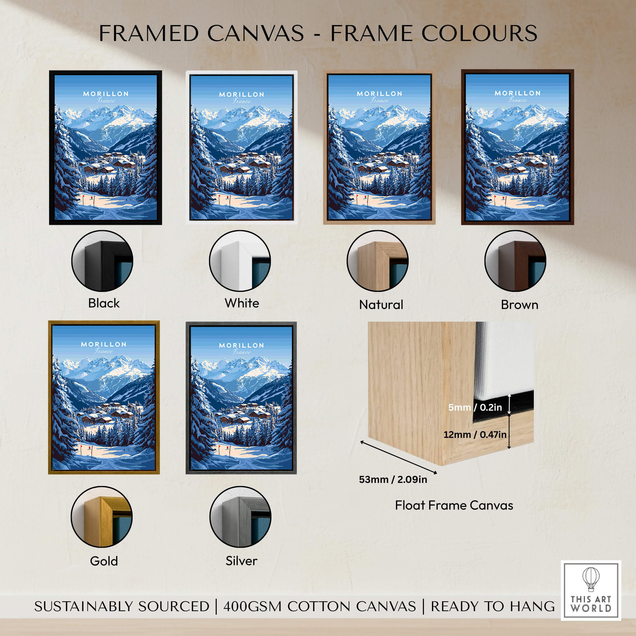 Framed Morillon Ski Print options in black, white, natural, brown, gold, and silver frames