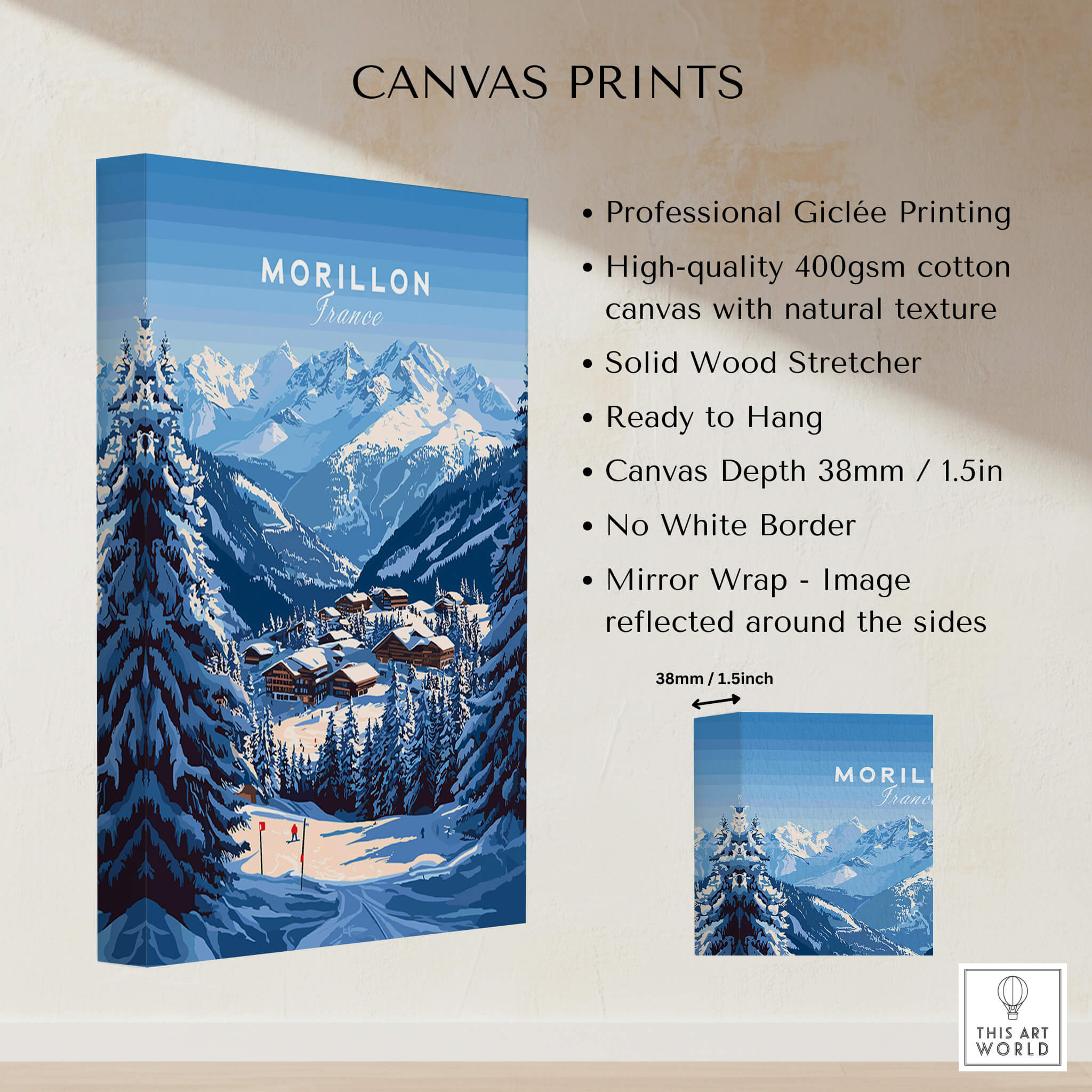 Morillon Ski Print showcasing stunning canvas art featuring snowy mountains and a winter landscape.