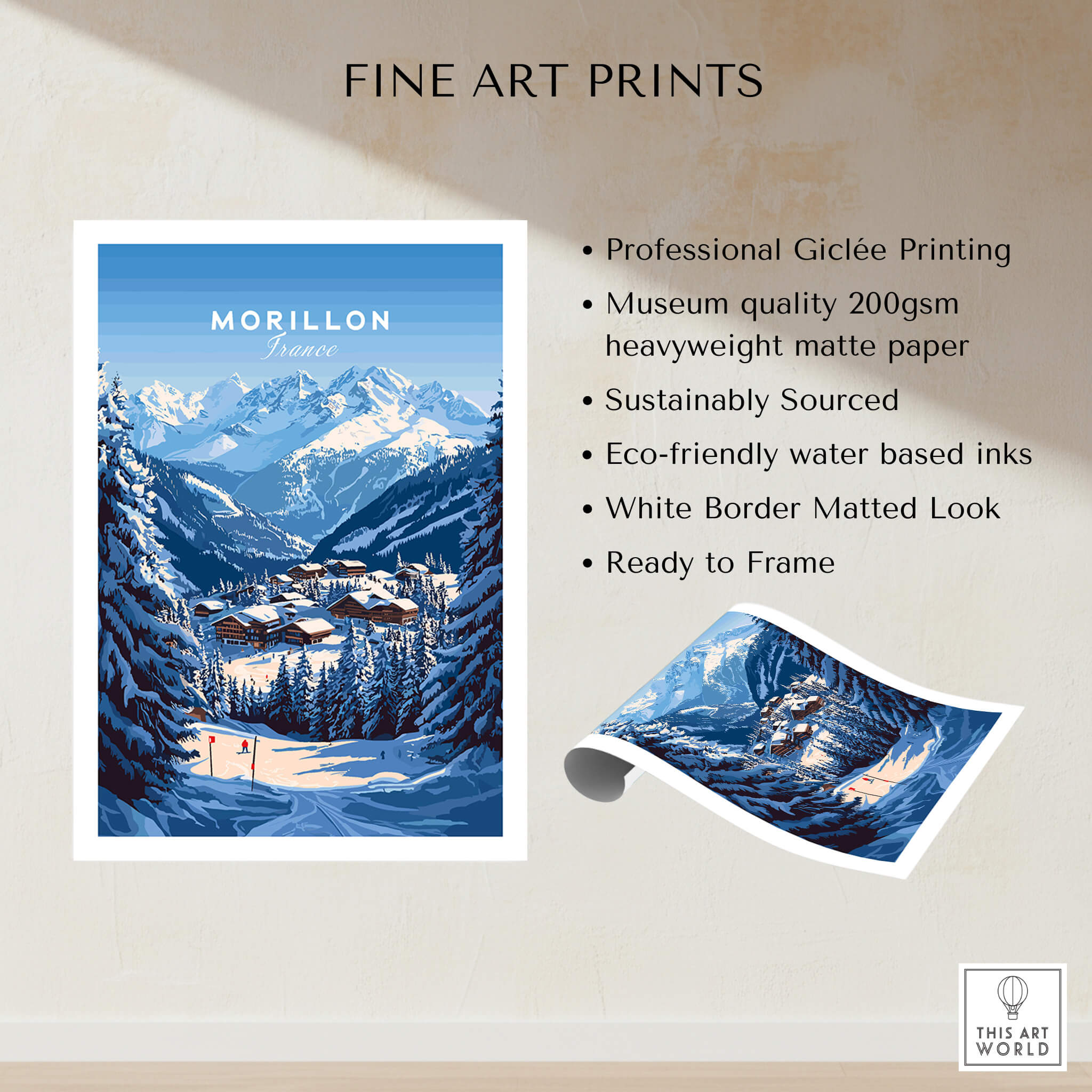 Morillon Ski Print showcasing professional Giclée printing and eco-friendly design in winter mountain landscape.