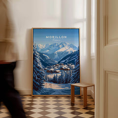 Morillon Ski Print featuring a snowy mountain landscape and ski scene, perfect for winter sports enthusiasts.