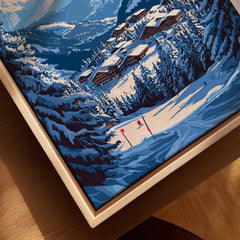 Morillon Ski Print showcasing a snowy landscape with ski trails, trees, and cozy chalets in the background.