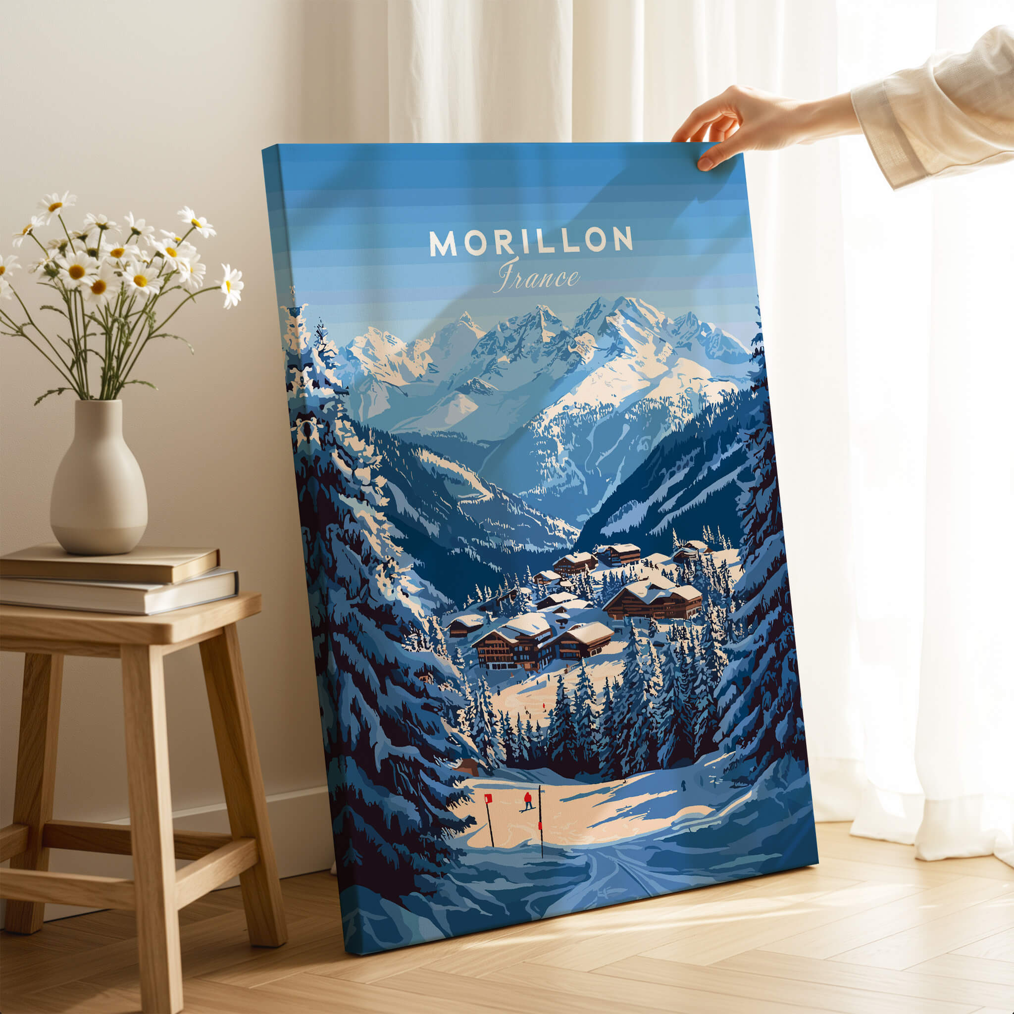 Morillon Ski Print featuring a picturesque winter landscape in Morillon, France with snow-covered mountains and chalets.