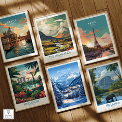 Various travel prints including Morillon Ski Print, showcasing landscapes from Venice, The Highlands, Paris, Singapore, and Sri Lanka.