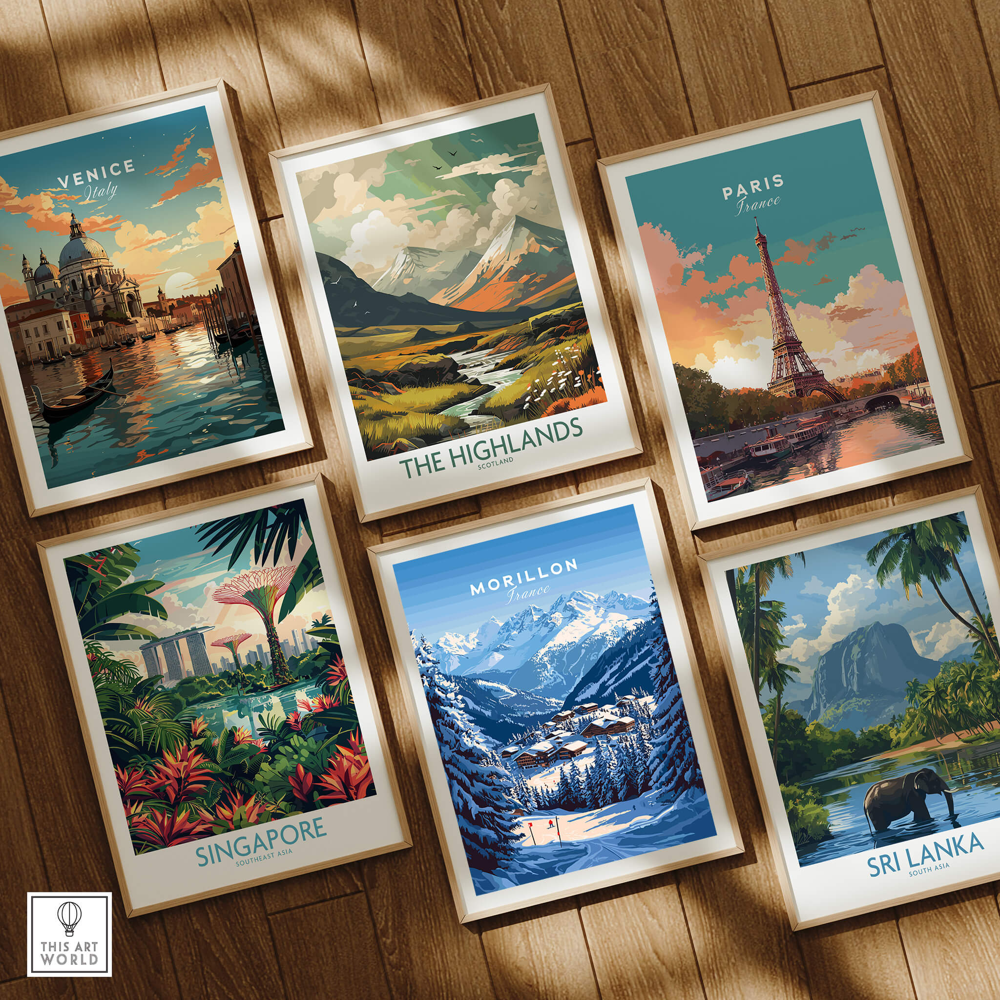 Various travel prints including Morillon Ski Print, showcasing landscapes from Venice, The Highlands, Paris, Singapore, and Sri Lanka.